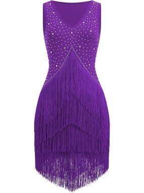Purple Rhinestone Fringe Tiered Latin Ballroom Dance Dress Flapper Sz M-L